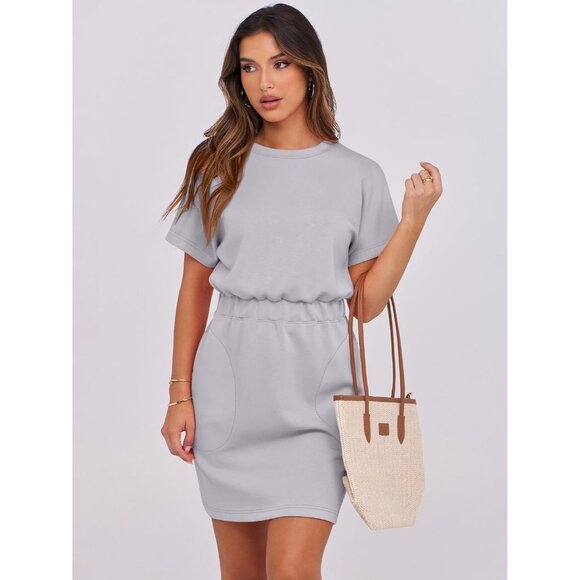 Anrabess Women Light Grey Crew Neck Elastic Waist Mini T Shirt Dress With Pocket - Picture 3 of 6